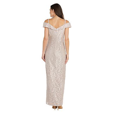 Women's R&M Richards Off-The-Shoulder Shimmery Lace Side Slit Maxi Dress