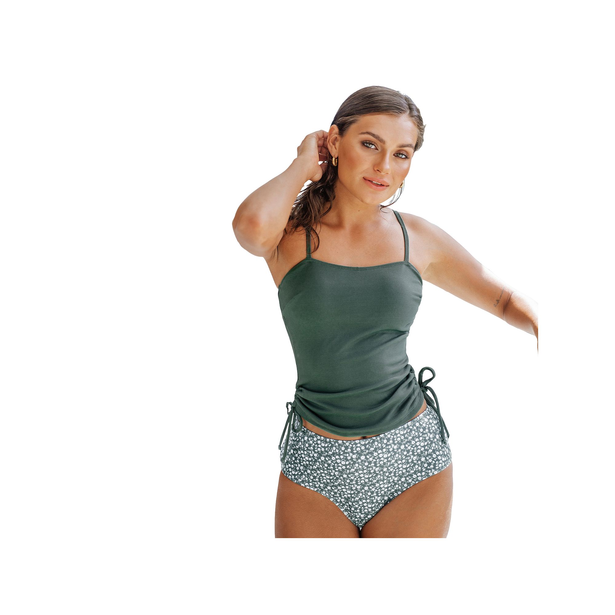 Womens Cupshe Rib Drawstring Top & Ditsy Floral High Waist Tankini Set, Si
