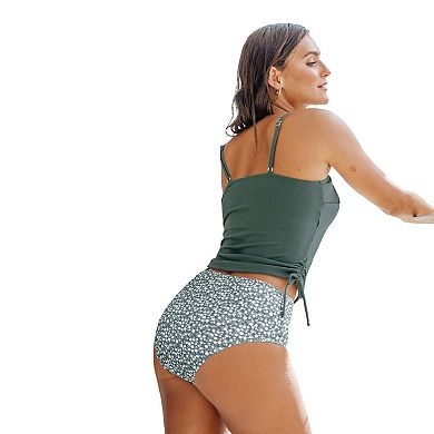 Women's Cupshe Rib Drawstring Top & Ditsy Floral High Waist Tankini Set