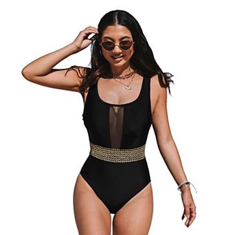 Women's Cupshe Shimmer Waist Tummy Control Mesh Plunge One-Piece Swimsuit