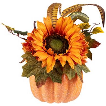 Northlight Artificial Yellow Sunflower & Mum Filled Pumpkin Thanksgiving Decor