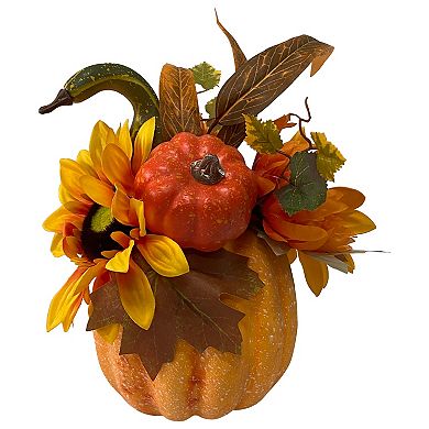 Northlight Artificial Yellow Sunflower & Mum Filled Pumpkin Thanksgiving Decor