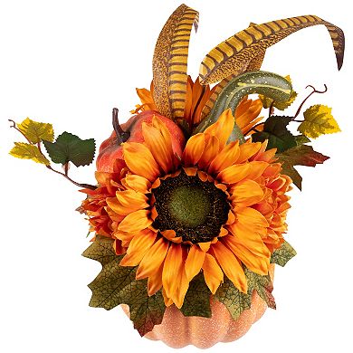 Northlight Artificial Yellow Sunflower & Mum Filled Pumpkin Thanksgiving Decor
