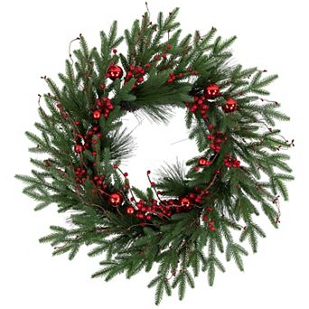 Northlight Red Berries and Pine Christmas Wreath with Ornaments