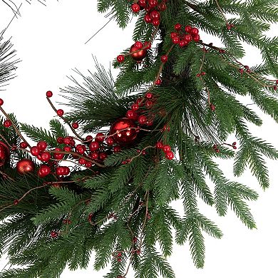 Northlight Red Berries and Pine Christmas Wreath with Ornaments