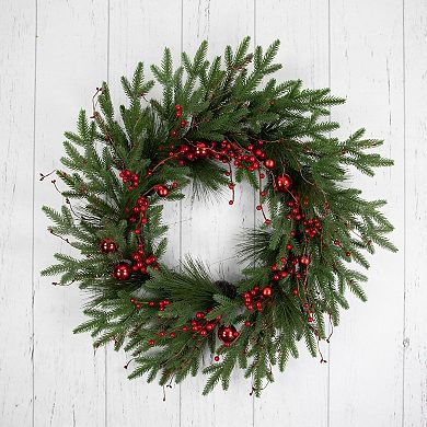 Northlight Red Berries and Pine Christmas Wreath with Ornaments