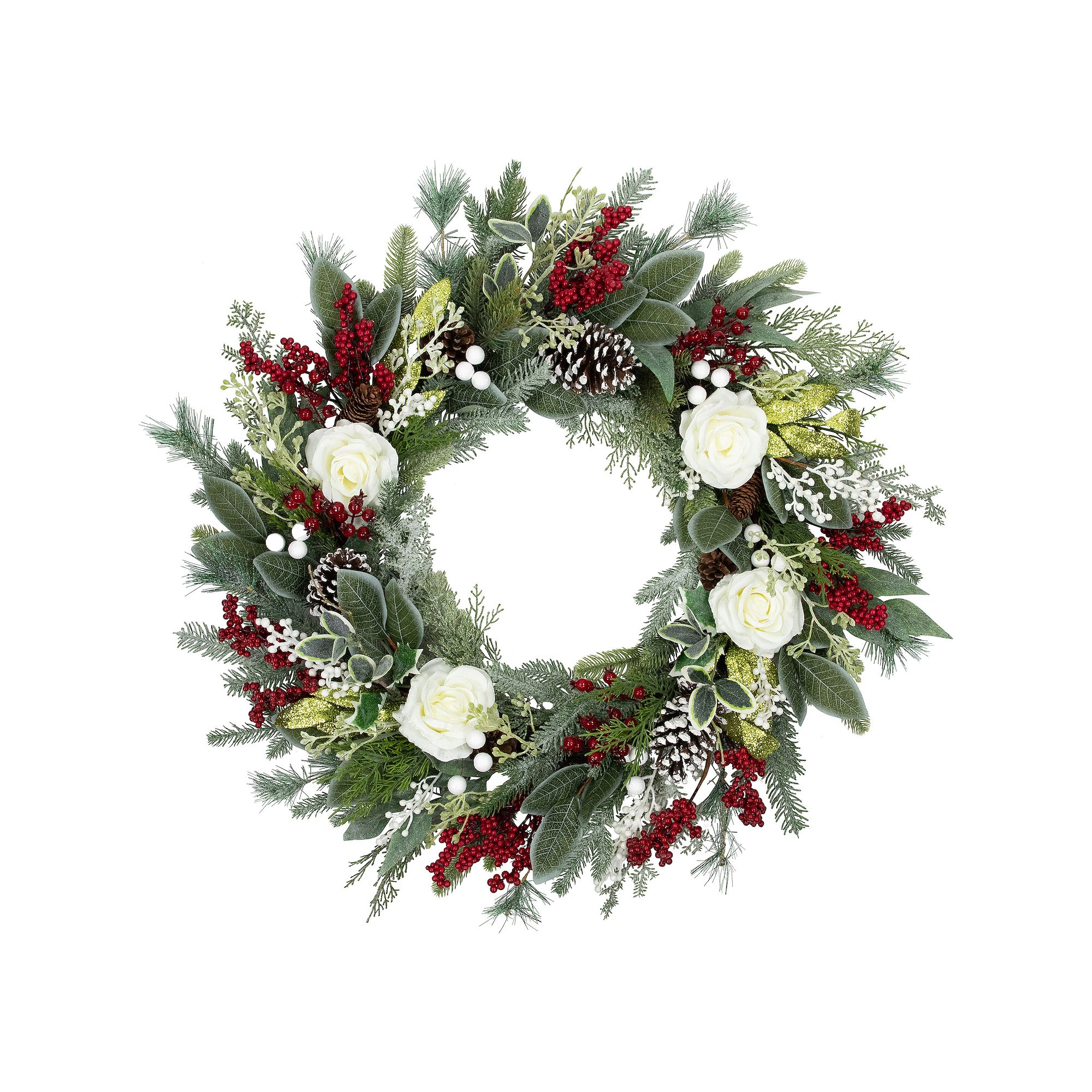 Northlight 30 Roses Mixed Foliage Artificial Wreath, Green