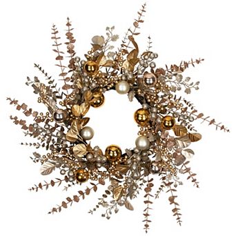 Northlight 30" Gold and Copper Tone Ornaments and Berries Indoor / Outdoor Artificial Holly Wreath