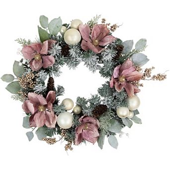Northlight Pink Floral and Ball Ornament Frosted Pine Artificial Christmas Wreath