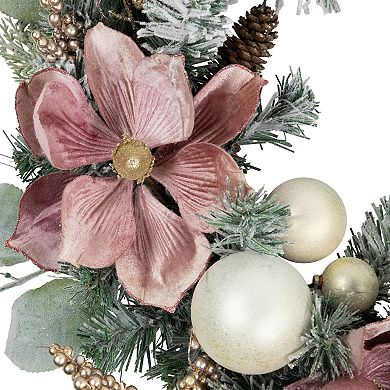 Northlight Pink Floral and Ball Ornament Frosted Pine Artificial Christmas Wreath