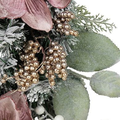 Northlight Pink Floral and Ball Ornament Frosted Pine Artificial Christmas Wreath