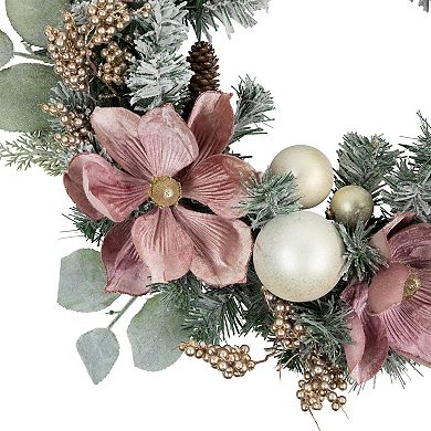 Northlight Pink Floral and Ball Ornament Frosted Pine Artificial Christmas Wreath