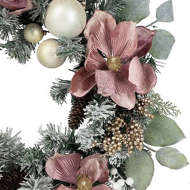 Northlight Pink Floral and Ball Ornament Frosted Pine Artificial Christmas Wreath