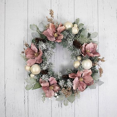 Northlight Pink Floral and Ball Ornament Frosted Pine Artificial Christmas Wreath