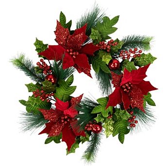 Northlight Glittered Red Poinsettia and Long Pine Christmas Wreath