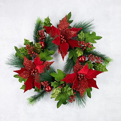 Northlight Glittered Red Poinsettia and Long Pine Christmas Wreath