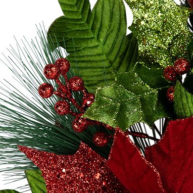 Northlight Glittered Red Poinsettia and Long Pine Christmas Wreath