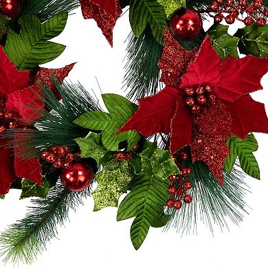 Northlight Glittered Red Poinsettia and Long Pine Christmas Wreath