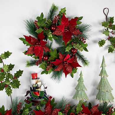 Northlight Glittered Red Poinsettia and Long Pine Christmas Wreath