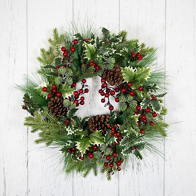 Northlight Holly & Berries Frosted Thistle & Pine Artificial Christmas Wreath