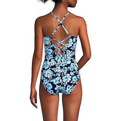 Women's Lands' End Long Chlorine Resistant Lace Up One-Piece Swimsuit