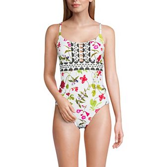 Women's Long Lands' End Chlorine Resistant Lace Up One-Piece Swimsuit