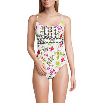 Women's Long Lands' End Chlorine Resistant Lace Up One-Piece Swimsuit