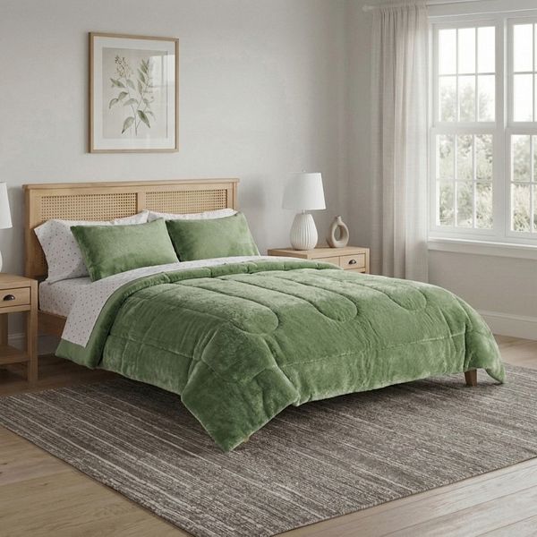 BinTRoLL 1857 セット The Big One® Green Solid Plush Reversible Comforter Set with Sheets