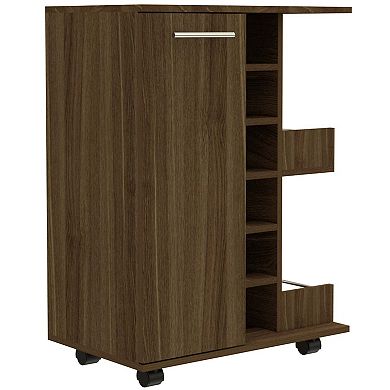 Bar Cart, Two External Shelves, Four Casters, Six Built-in Wine Rack, Single Door Cabinet