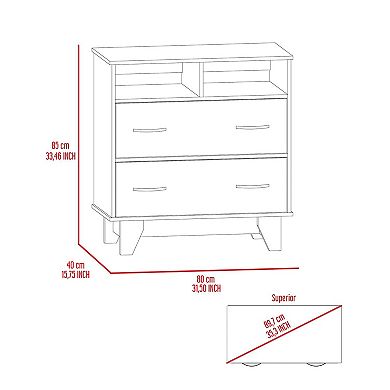 Portanova Two Drawer Dresser, Two Open Shelves, Superior Top, Four Legs