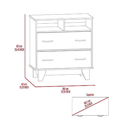 Portanova Two Drawer Dresser, Two Open Shelves, Superior Top, Four