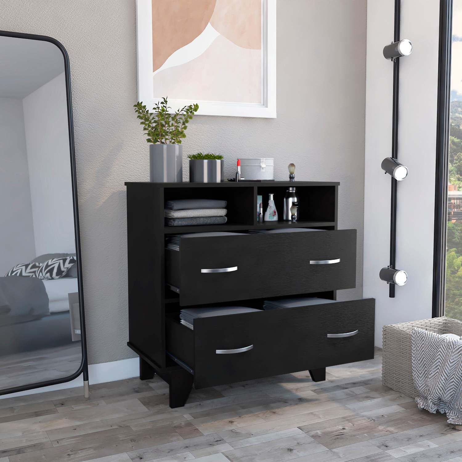Portanova Two Drawer Dresser, Two Open Shelves, Superior Top, Four