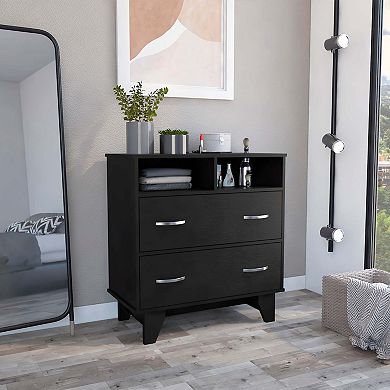 Portanova Two Drawer Dresser, Two Open Shelves, Superior Top, Four Legs