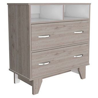 Portanova Two Drawer Dresser, Two Open Shelves, Superior Top, Four Legs