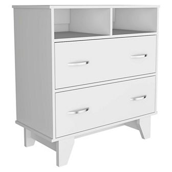 Portanova Two Drawer Dresser, Two Open Shelves, Superior Top, Four Legs