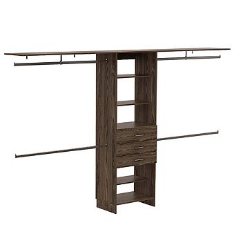Plego 69"w - 118"w Drawers Closet System, Five Shelves, Four Hanging Rods, Three Drawers