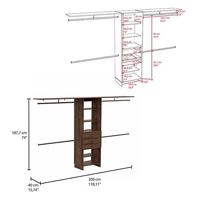 Plego 69"w - 118"w Drawers Closet System, Five Shelves, Four Hanging Rods, Three Drawers