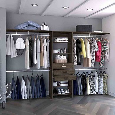 Plego 69"w - 118"w Drawers Closet System, Five Shelves, Four Hanging Rods, Three Drawers