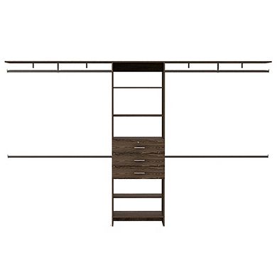 Plego 69"w - 118"w Drawers Closet System, Five Shelves, Four Hanging Rods, Three Drawers