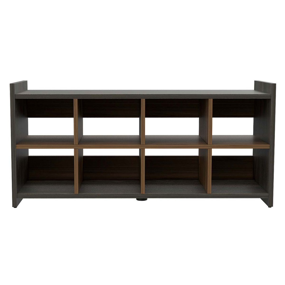 Four-cube entryway storage unit in dark gray frame with light wood dividers
