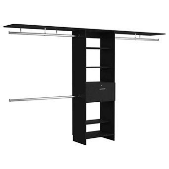 Plego 70"w - 118"w Drawers Closet System, One Drawer,three Hanging Rods, Five Shelves