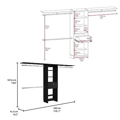 Plego 70"w - 118"w Drawers Closet System, One Drawer,three Hanging Rods, Five Shelves