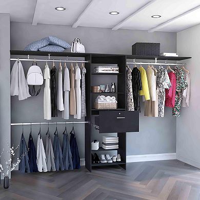 Plego 70"w - 118"w Drawers Closet System, One Drawer,three Hanging Rods, Five Shelves