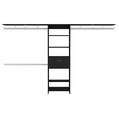 Plego 70"w - 118"w Drawers Closet System, One Drawer,three Hanging Rods, Five Shelves