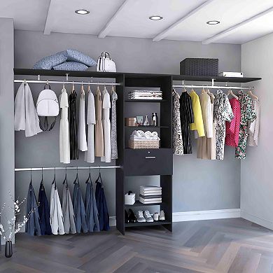 Plego 70"w - 118"w Drawers Closet System, One Drawer,three Hanging Rods, Five Shelves