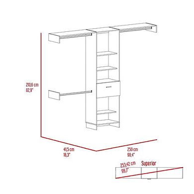 Manchester 250 Closet System, Five Open Shelves, One Drawer, Three Metal Rods