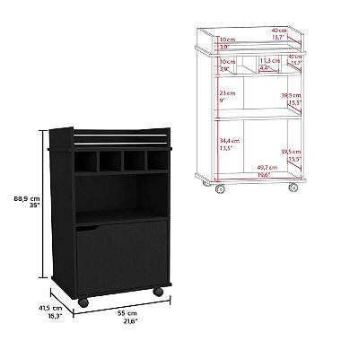 Phoenix Bar Cart With 2 Open Shelves  4 Wine Cubbies And Cabinet