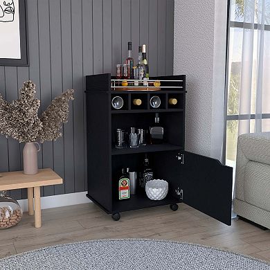 Phoenix Bar Cart With 2 Open Shelves  4 Wine Cubbies And Cabinet