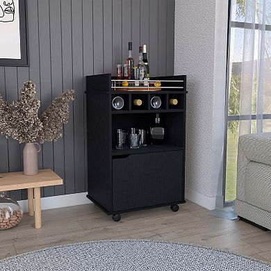 Phoenix Bar Cart With 2 Open Shelves  4 Wine Cubbies And Cabinet