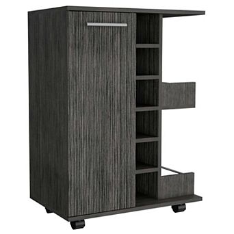 Bar Cart, Two External Shelves, Four Casters, Six Built-in Wine Rack, Single Door Cabinet